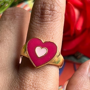Gold Plated Adjustable Enamel Heart Ring, Enamel Ring, Adjustable Ring, Heart Ring, Delicate Ring, Enamel Heart-Shaped Ring, Gold Open Ring