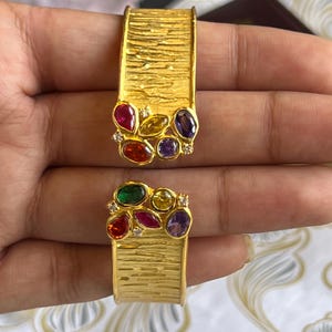 Greek Byzantine Cuff Bracelet Gold-plated Silver 925 and multi Color Gem stones Wide Cuff Bracelet Statement Open Cuff Gold Engraved Cuff