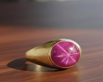 Anillo de estrella chapado en oro con rubí rosa auténtico, anillo de plata de ley 925, anillo de rubí con asterismo natural, joyería de piedras preciosas, regalo para ella