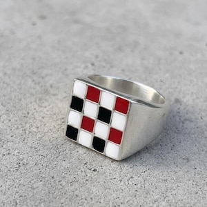925 Sterling Silver Chess Board Ring Stacking Ring Black-White-Red Enamel Silver Chess Board Ring Handmade Design Ring Checkered Board Ring
