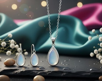 Rainbow Moonstone Sterling Silver Pear Earrings Pendant Set Handmade Moonstone Jewelry Set June Birthstone Hook Earring Pendant Set Gift