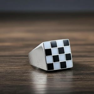 Chess Board Ring Gold Plated 925 Sterling Silver Black White Enamel Chess Ring Gift Handmade Game Lover Gift Unique Checkered Jewelry Gifts