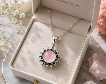 Rose Quartz Pendant 925 Sterling Silver Sunburst Necklace, Pink Gemstone Jewelry, Handmade Statement Pendant