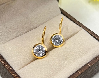 925 Sterling Silver Cubic Zirconia Dangle Drop Earrings, Round Shaped White Stone Earrings Gold Plated Dangle Earring For valentine day Gift