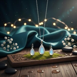 May include: A silver necklace and matching earrings set with teardrop-shaped pendants. The pendants and earrings have a pearlescent, opalescent appearance. The jewellery is displayed on a wooden tray with moss, against a backdrop of teal fabric and fairy lights.