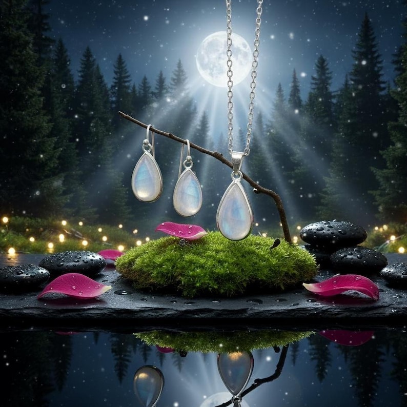 May include: A silver necklace and earrings set featuring teardrop-shaped moonstone pendants. The jewellery hangs from a branch over moss, with pink petals and black stones. A full moon and forest form the backdrop.