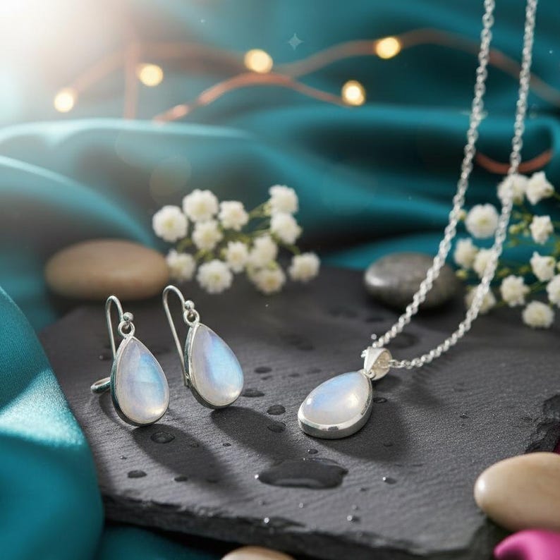 May include: A silver necklace and matching earrings set with pear-shaped moonstone pendants. The jewellery is displayed on a dark grey surface with a teal background and white flowers, creating a serene aesthetic.