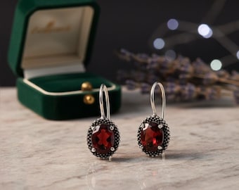 Natural Red Garnet Oval Gemstone 925 Sterling Silver Hook Dangle Oxidized Earrings Jewelry Gift Jewelry Garnet Earring Dark Red Garnet
