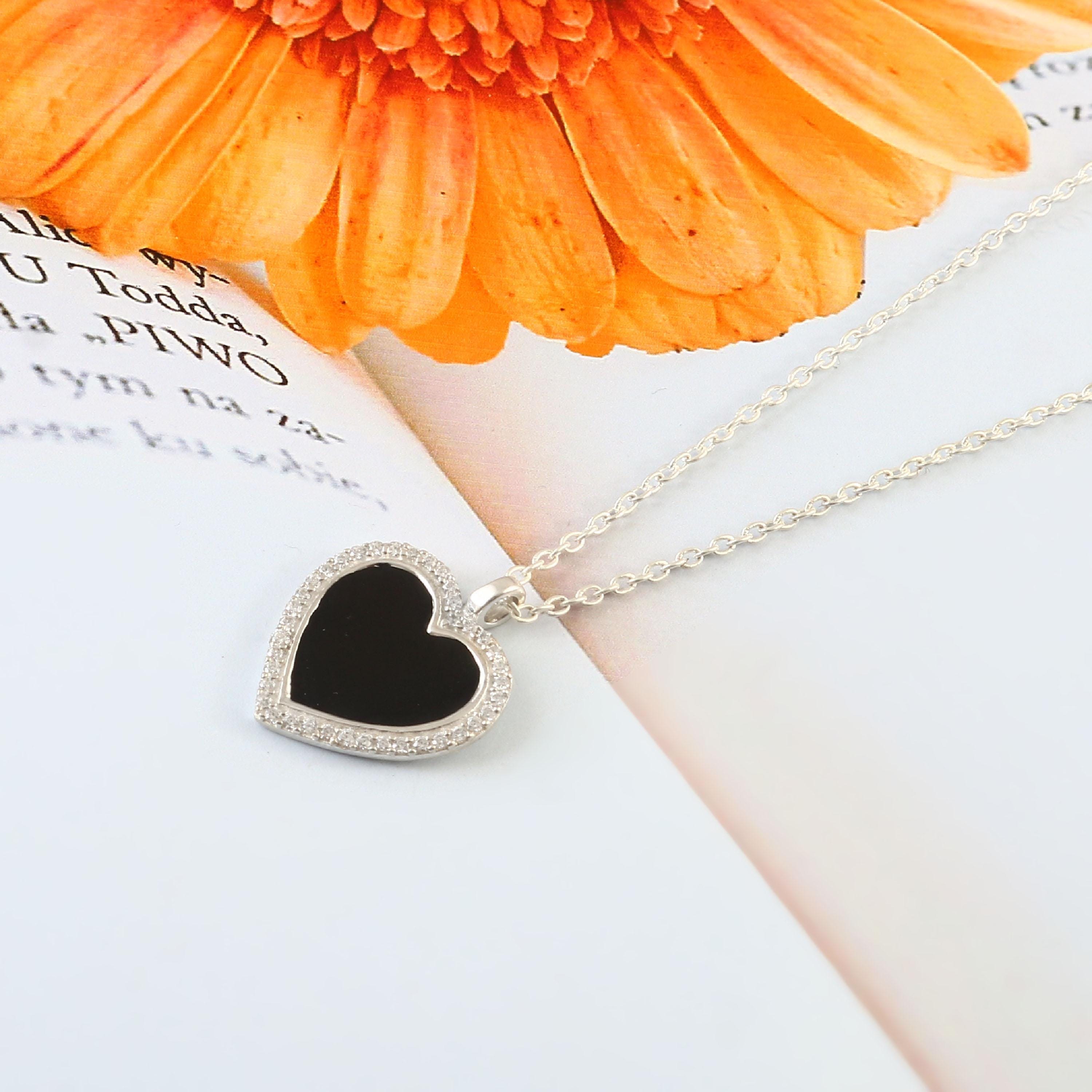 Black Enamel Heart Pendant Necklace: Sterling Silver CZ Charm - Etsy