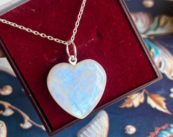 Natural Rainbow Moonstone Sterling Silver Pendant, Dainty Rainbow moonstone Necklace, Blue Moonstone Heart Pendant, Moonstone Puffy Heart
