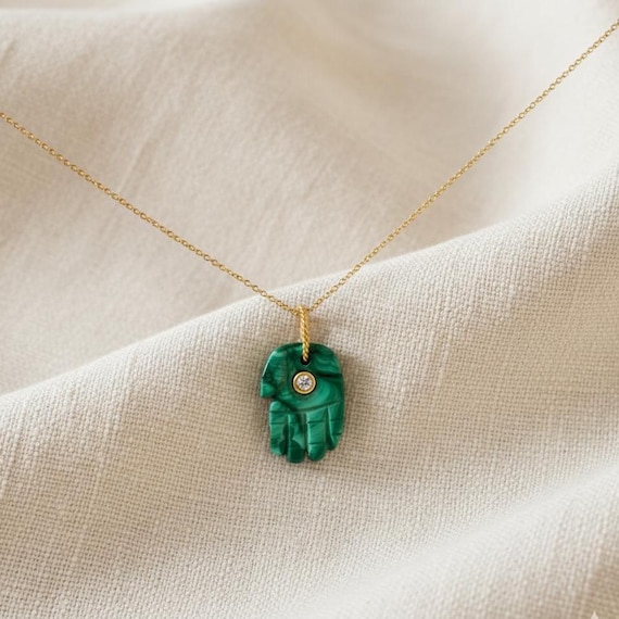 Malachite Hamsa Hand Necklace 925 Silver CZ Pendant Hand of Fatima