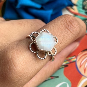 925 Sterling Silver Round Moonstone Ring, US 5 - 16, Silver or Gold, Moonstone Flower Ring, June Birthstone, Gemstone Jewelry, Gift for Her