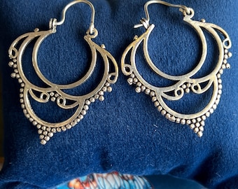 Charming Large Size Indian Trible Afghani Hoop Earrings Mandala Floral Earrings 925 Sterling Silver Lace Pattern  Elegant Drop Earrings Yoga