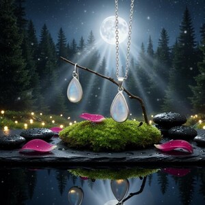 May include: A silver necklace and matching earrings with teardrop-shaped, iridescent stones. The jewellery hangs from a branch over a bed of moss, with pink petals and black stones. The background features a full moon and a forest.