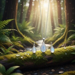 May include: A silver necklace with a teardrop pendant and matching earrings. The jewellery is displayed on a moss-covered log in a forest setting, with sunlight filtering through the trees. The pendant and earrings have a pearlescent, iridescent appearance.