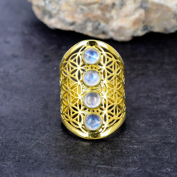 Flower Mandala Rainbow Moonstone Ring: Sterling Silver Tree of