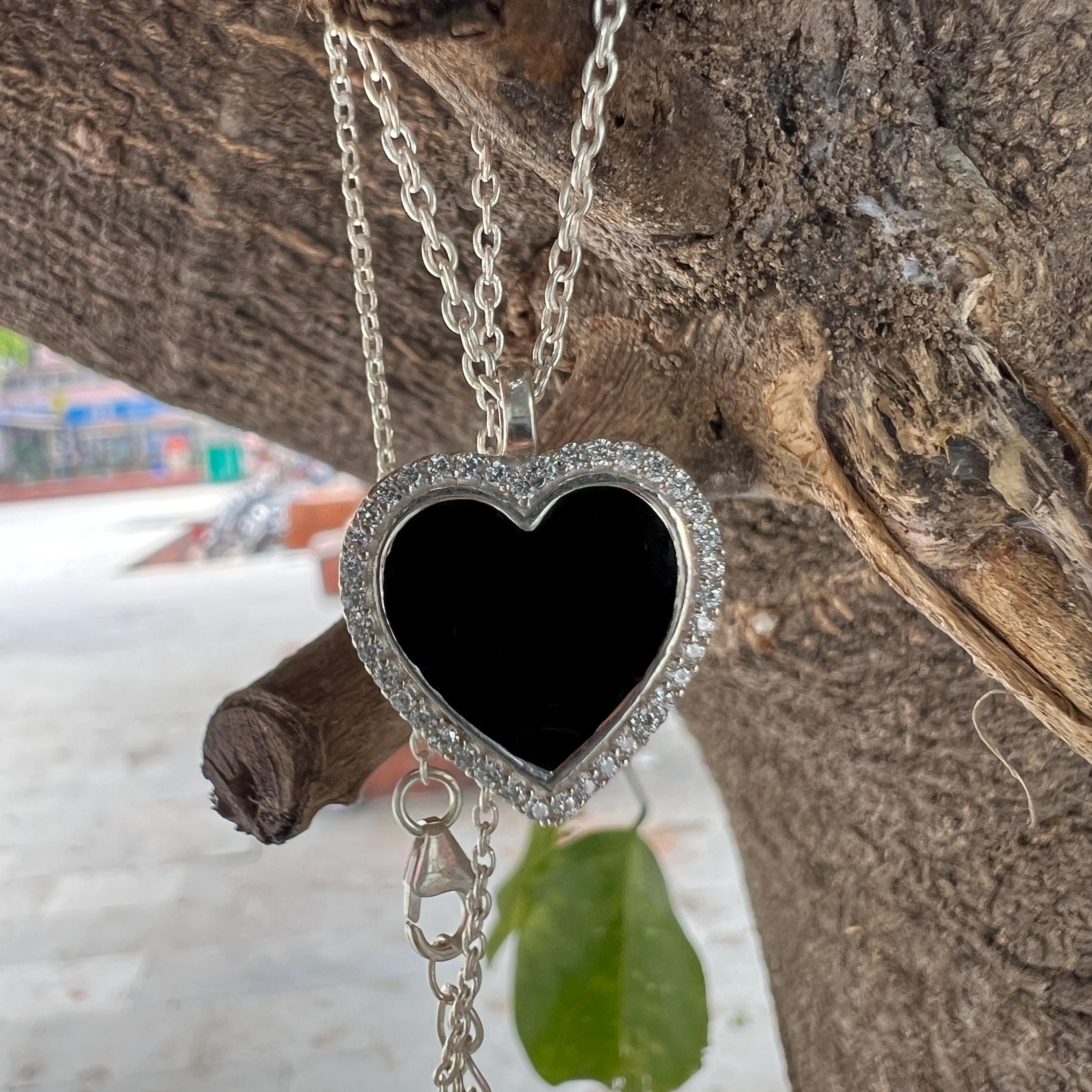 Black Enamel Heart Pendant Necklace: Sterling Silver CZ Charm - Etsy