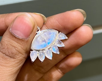 Rainbow Moonstone Silver Eye Pendant, 925 Silver Rainbow Moonstone Necklace, Charm Moonstone Eye Gift Pendant, Moonstone Pendant For Womens