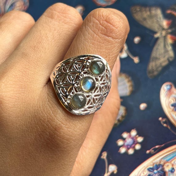 Labradorite Mandala Ring Rose Gold Plated Sterling Silver Ring