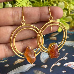 Raw Carnelian dangle earrings Gold Plated Double Circle Drop Earrings in Sterling Silver Hoop Earrings Long Drop Earrings Carnelian Jewelry