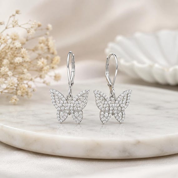 Sterling Silver Butterfly CZ Lever Back Earrings Dainty Butterfly