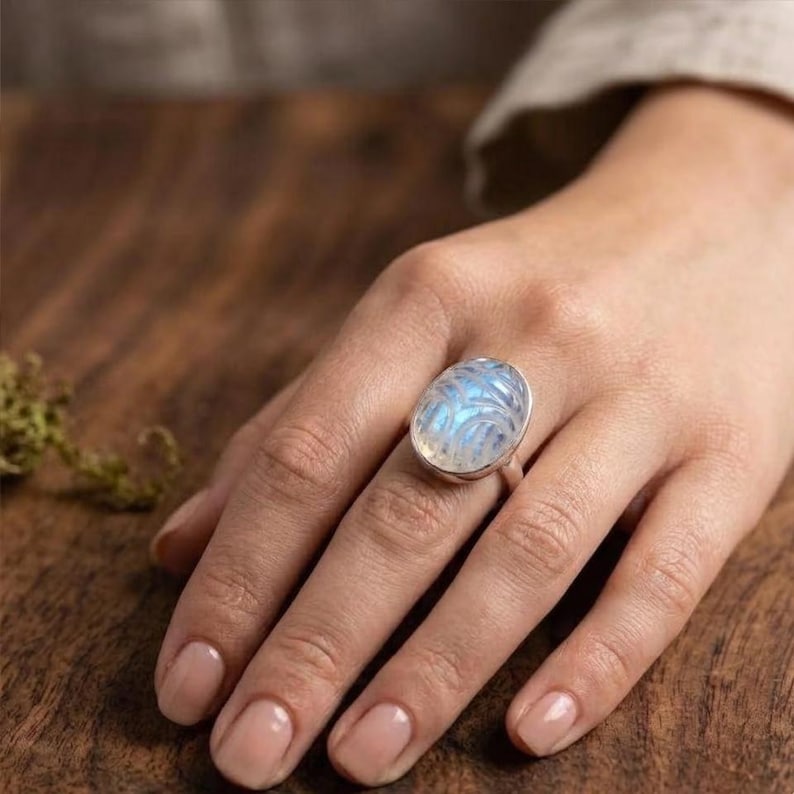 Easy Problem Statement Rainbow Moonstone Scarab Ring 925 Sterling Silver Beetle Ring Egyptian ...