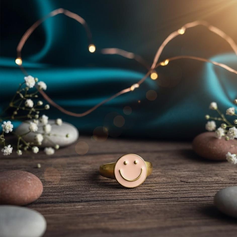 Gold Plated Sterling Silver Smiley Face Signet Ring - Retro Hippie