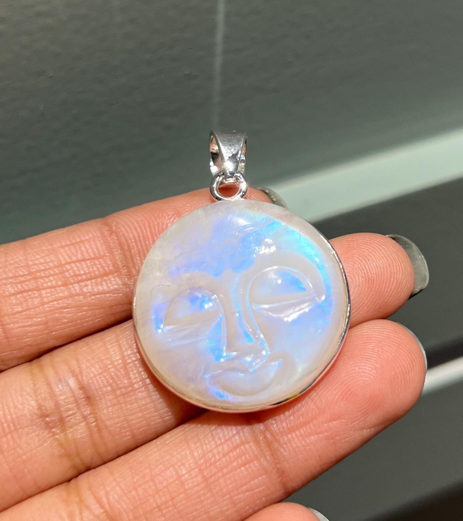 925 Sterling Silver Rainbow Moonstone Pendant, Gold Plated Handmade Moon Face Necklace, Rose Gold Plated Moon Face Pendant For Christmas