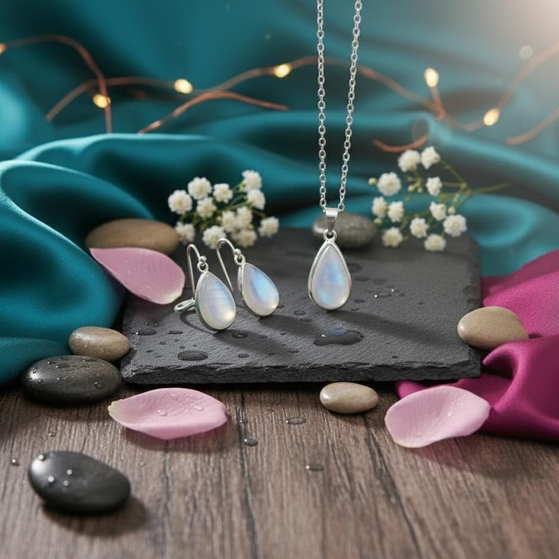 May include: A silver necklace and matching earrings set with teardrop-shaped moonstone pendants. The jewellery is displayed on a dark grey surface with pink flower petals and small white flowers. The necklace has a delicate chain.