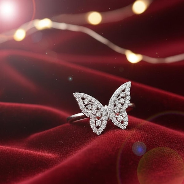 925 Sterling Silber Schmetterling Ring Pave Zirkonia Stapelring Weiße Diamanten Minimalist Kristall Schmetterling Schmuck Weihnachtsgeschenke