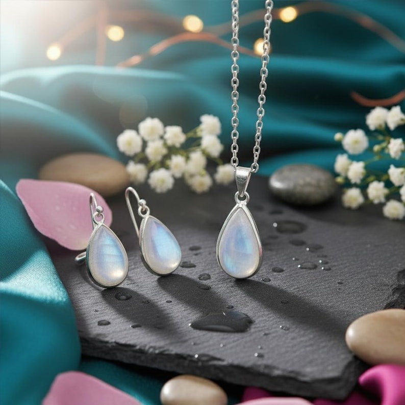 Rainbow Moonstone Sterling Silver Pear Earrings Pendant Set Handmade Moonstone Jewelry Set June Birthstone Hook Earring Pendant Set Gift image 6