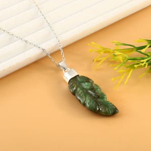 Green Emerald Carving Leaf Silver Pendant, 925 Silver Handmade Pendant, Emerald gemstone pendant Carved in teardrop leaf shape Jewelry