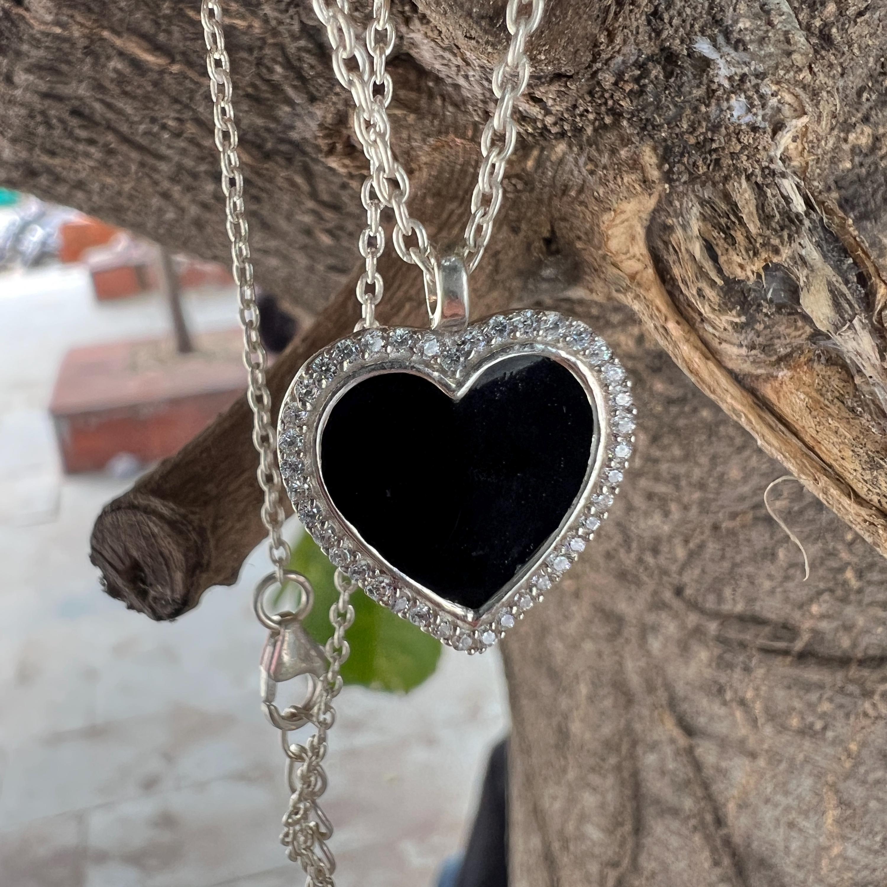 Black Enamel Heart Pendant Necklace: Sterling Silver CZ Charm - Etsy