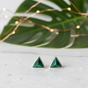 Natural Malachite Stone Stud Earrings in Sterling Silver Semi Precious Gemstone Triangle Geometric Earrings minimalist earrings simple studs