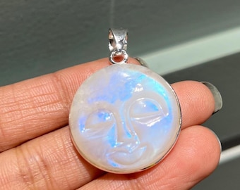 925 Sterling Silver Rainbow Moonstone Pendant, Gold Plated Handmade Moon Face Necklace, Rose Gold Plated Moon Face Pendant For Christmas