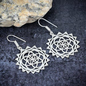 Handmade Flower Mandala Earrings Boho Sacred Geometry Jewelry Mandala Flower Disk Dangle Drop Earrings in Sterling Silver Yoga Jewelry Gift
