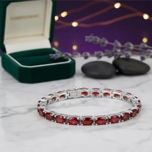 Äkta granat tennisarmband Ädelsten tennisarmband Januari födelsesten armband Vintage sterlingsilver ovalt skuret granatlänkarmband
