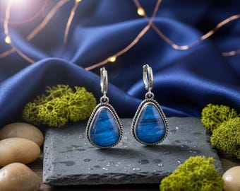 Kyanite Drop Earrings Sterling Silver Pear Cut Gemstone Oxidized Boho Healing Jewelry Gift Blue Stone Earring Handmade Women Earrings Gift