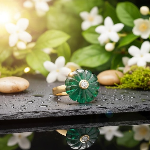 Green Glass CZ Flower Ring in Sterling Silver Handcarved Glass