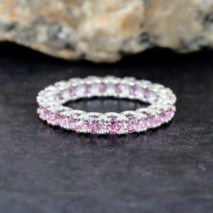 Pink Cubic Zirconia Stacking Eternity Ring Sterling Silver Birthstone Micro Pave Band Ring Pink Cubic Zirconia Anniversary Ring Gift For Her