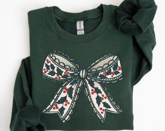 Christmas Floral Bow Sweatshirt, Vintage Coquette Christmas Bow Sweater, Christmas Bow Sweatshirt, Lacy Holly and Berries Bow Sweatshirt