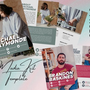 May include: A media kit template with a green and white color scheme. The template features a photo of a woman holding flowers and the text "Rachael Raymonde" in a bold, white font. The template also includes a section for brand collaborations, reach out information, and social media links.