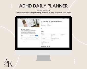 May include: A screenshot of a Notion daily planner template for people with ADHD. The template includes sections for tasks, notes, and priority of the day. The text on the screen reads "ADHD Daily Planner" and "Starting my new daily planner".