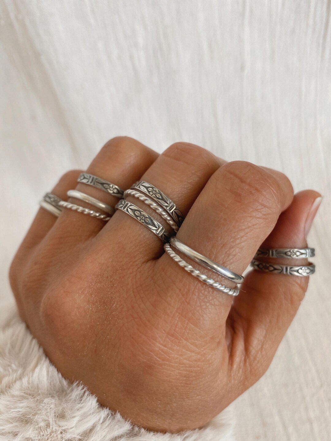 Silver Floral Stackable Rings - Etsy