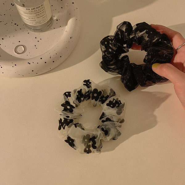 French Organza Plush Large Intestine Hair Ring (Black Only), summer trendy niche fashion advance sense tie flower black mesh elastic rope