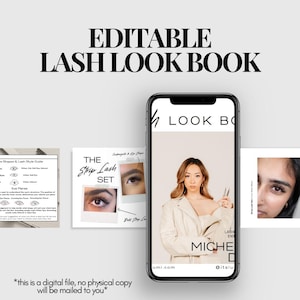 K&ouml;nnte beinhalten: Editierbares digitales Lash Look Book mit wei&szlig;em Hintergrund. Der Leitfaden enth&auml;lt Informationen zu Wimpernformen, -stilen und Augenebenen. Der Leitfaden enth&auml;lt auch Bilder von verschiedenen Wimpernstilen und eine Frau, die ein Wimpernwerkzeug h&auml;lt. Der Text "THE Strip Lash SET" ist im Bild sichtbar.