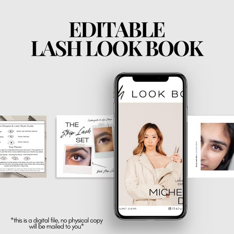 K&ouml;nnte beinhalten: Editierbares digitales Lash Look Book mit wei&szlig;em Hintergrund. Der Leitfaden enth&auml;lt Informationen zu Wimpernformen, -stilen und Augenebenen. Der Leitfaden enth&auml;lt auch Bilder von verschiedenen Wimpernstilen und eine Frau, die ein Wimpernwerkzeug h&auml;lt. Der Text "THE Strip Lash SET" ist im Bild sichtbar.