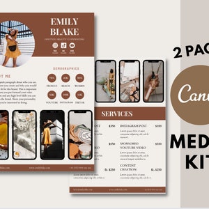May include: A two-page media kit for a lifestyle, beauty, and copywriting business. The kit includes information about the business owner, their demographics, and services offered. The services include Instagram posts, sponsored YouTube videos, and content creation. The kit is designed in a minimalist style with a brown and white color scheme.