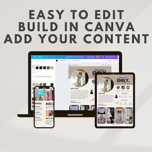 May include: A laptop, tablet, and phone screen displaying a social media template with the text "@EMILY." and "ABOUT ME" in a brown and white color scheme. The template is designed to be easily edited in Canva.