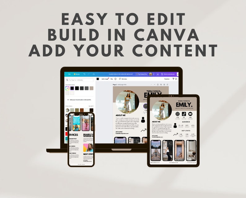 May include: A laptop, tablet, and phone screen displaying a social media template with the text "@EMILY." and "ABOUT ME" in a brown and white color scheme. The template is designed to be easily edited in Canva.